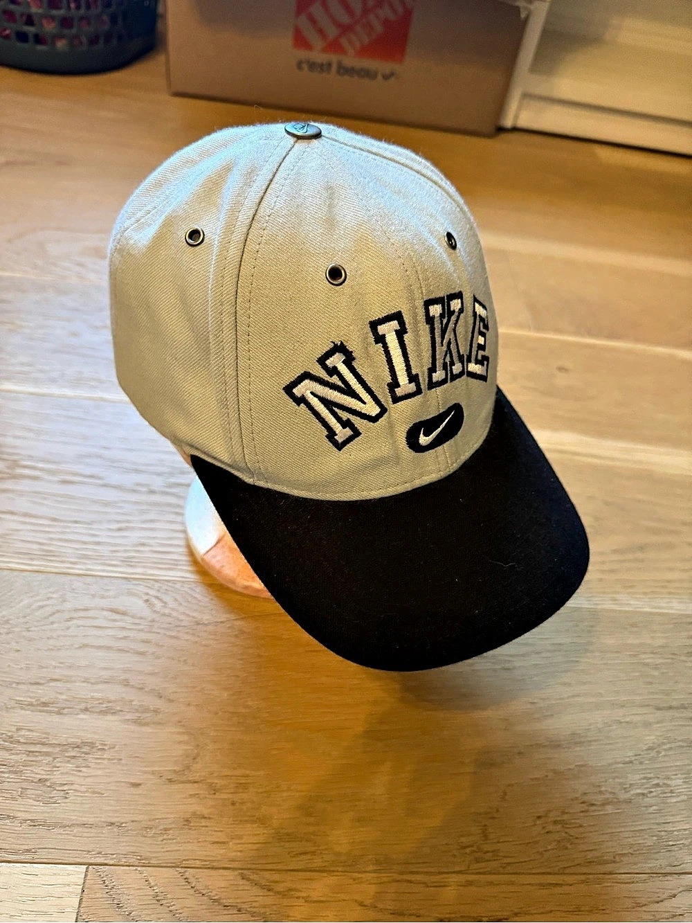 Vintage 90s Nike Arch Spellout Swoosh Hat Snapback Wool Grey/Black